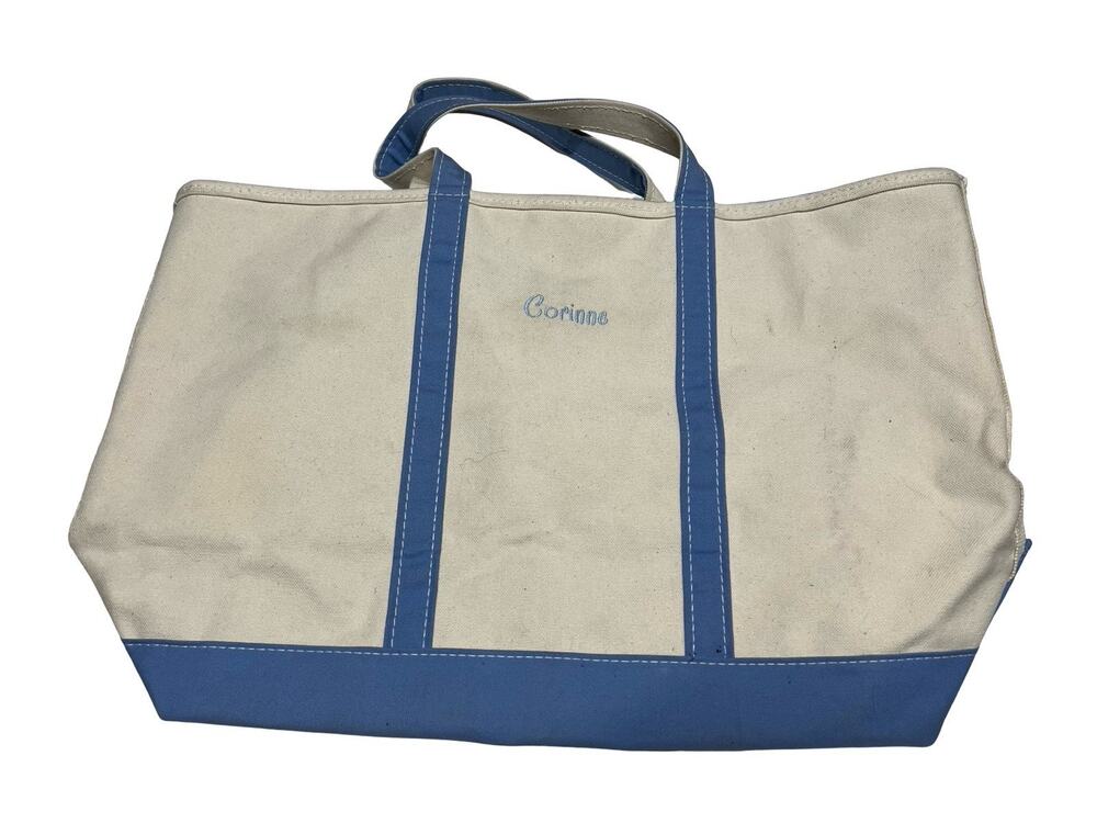 Vtg L.L. Bean Boat and Tote Bag Unisex Large Cream Light Blue USA Zip Top 22"
